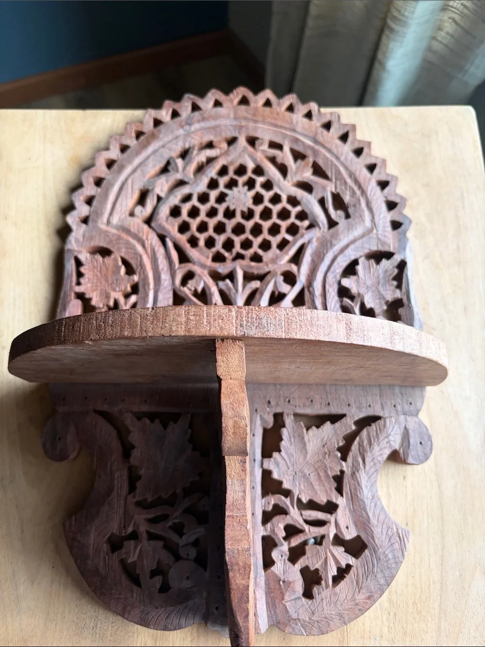 Hand-Carved Brown Wooden Wall Shelf